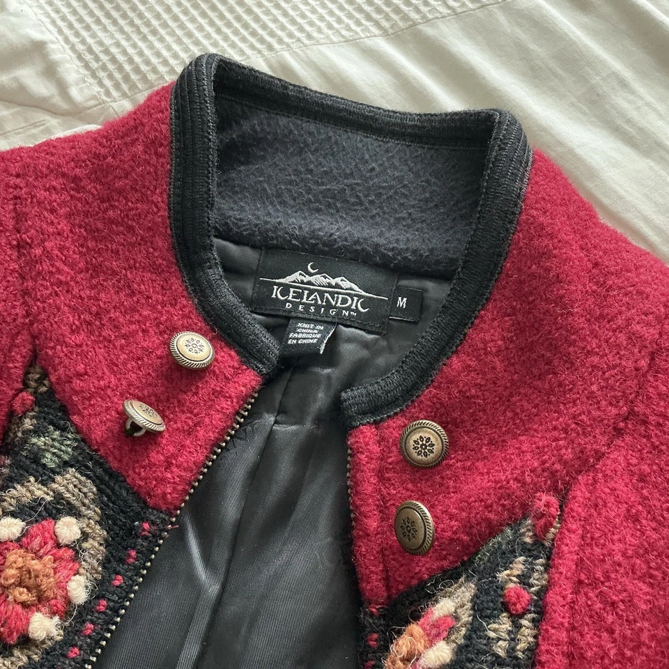 Designs islandeses vintage femininos tamanho M vermelho forrado com zíper completo bordado Cottagecore - Imagem 4 de 4