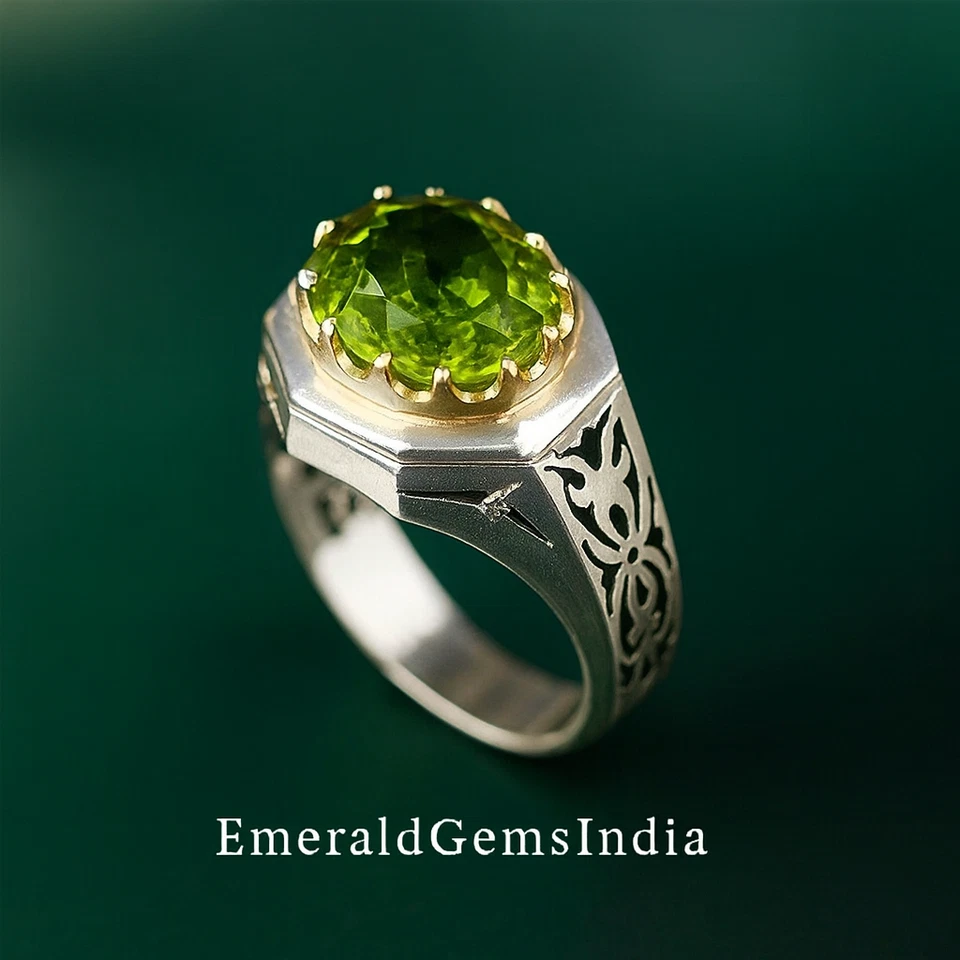 Anillo de peridoto genuino para hombre anillo de plata de ley 925 anillo hecho a mano regalo para hombre Foto 3 de 4