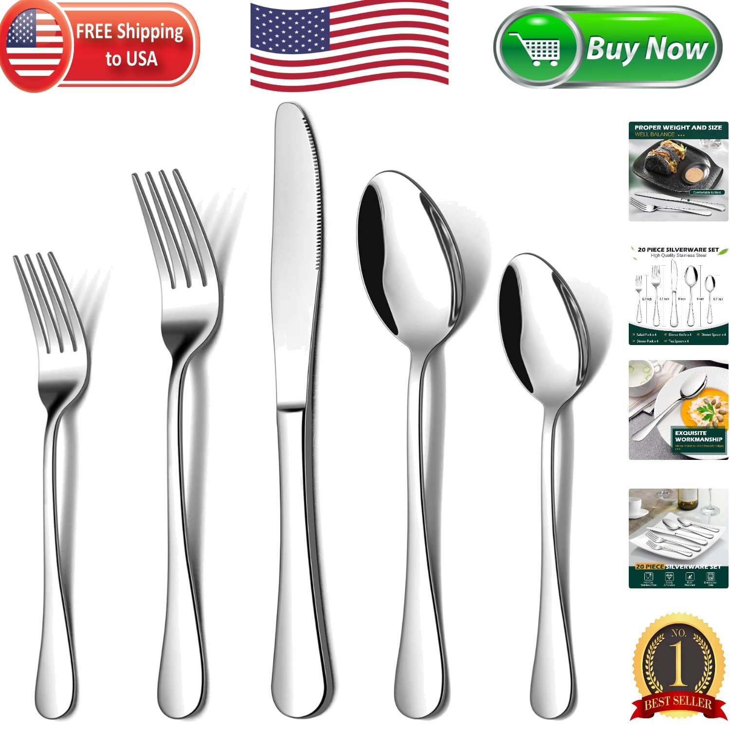 20-Piece Stainless Steel Flatware Set with Mirror Finish - Dishwasher Safe