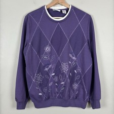 Vintage Sweatshirt Women M Grannycore Cottagecore Floral Beaded Pullover Purple
