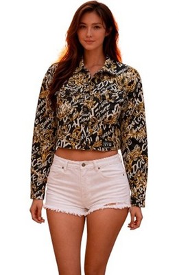 Versace Jeans Couture Baroque Graffiti Denim Jacket Black Gold Logo IT 46 US 10