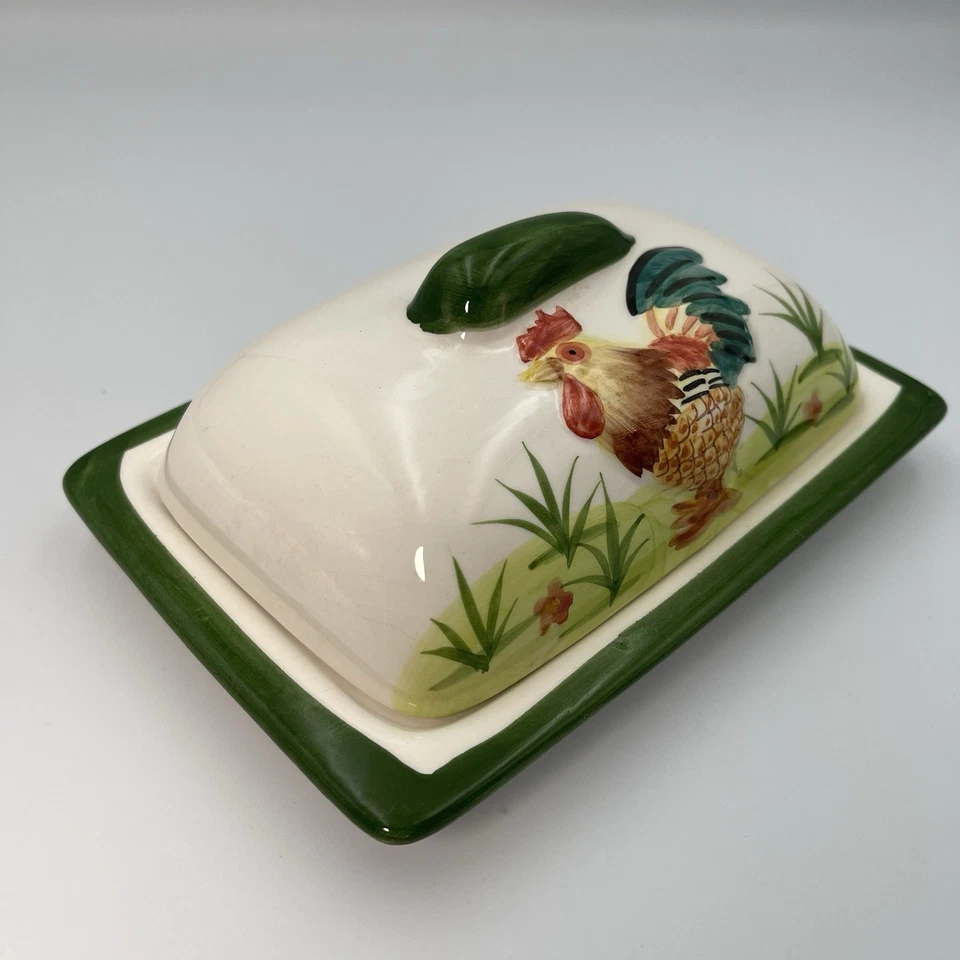 "Plato de mantequilla vintage de cerámica de pollo gallo de gran tamaño granja país 5x7""" Foto 3 de 4