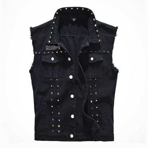 Mens Studded Denim Gilet Sleeveless 