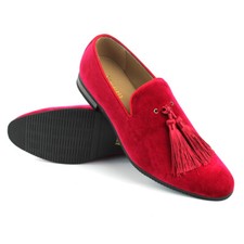 Bright Red Velvet Slip On Loafers Tassel Men's Dress Shoes Modern Formal AZARMAN