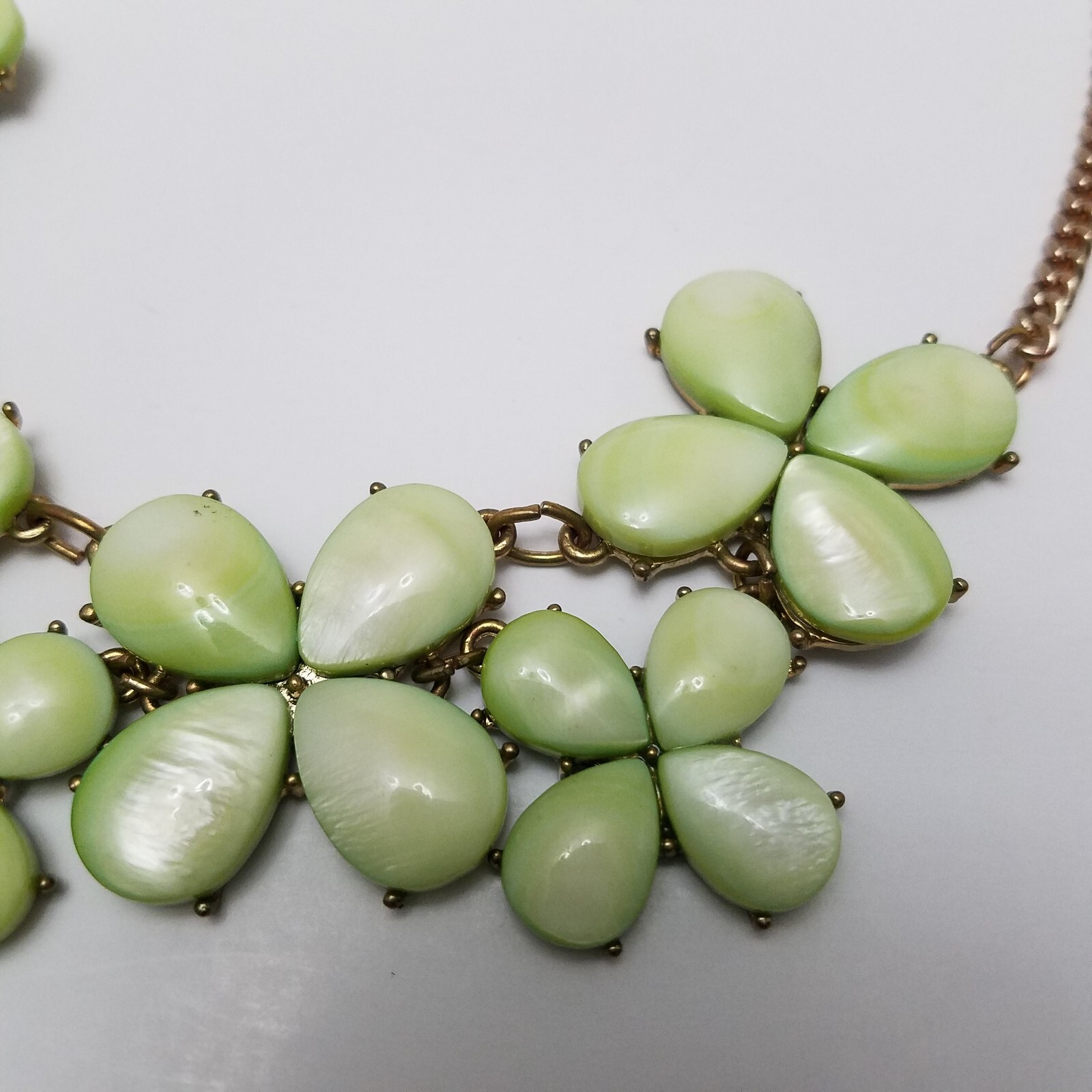 Goldtone Statement Necklace Green Pearlstone Flor… - image 3