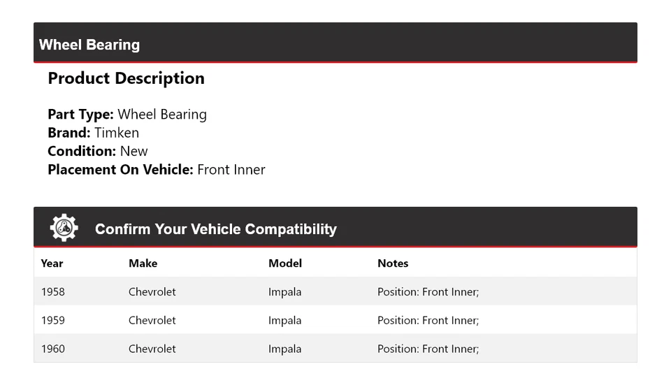 Cojinete de rueda interior delantero Timken 1959 para Chevrolet Impala 1958-1960 Foto 2 de 4