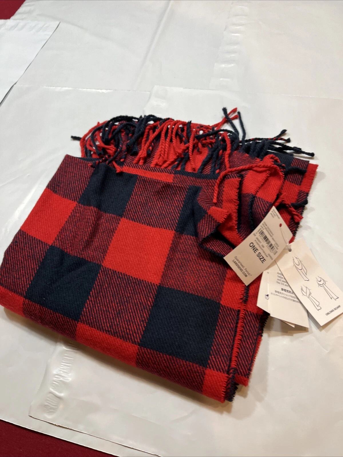 Red Blue Checkered Fringe SCARF NEW 15x64” Oblong Buffalo Plaid NEW Acrylic OS