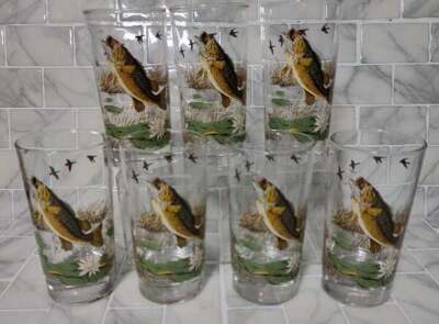 Vintage Libbey Lowball Whiskey Rocks Drinking Glass Set of 7 Sport Fishing Theme
