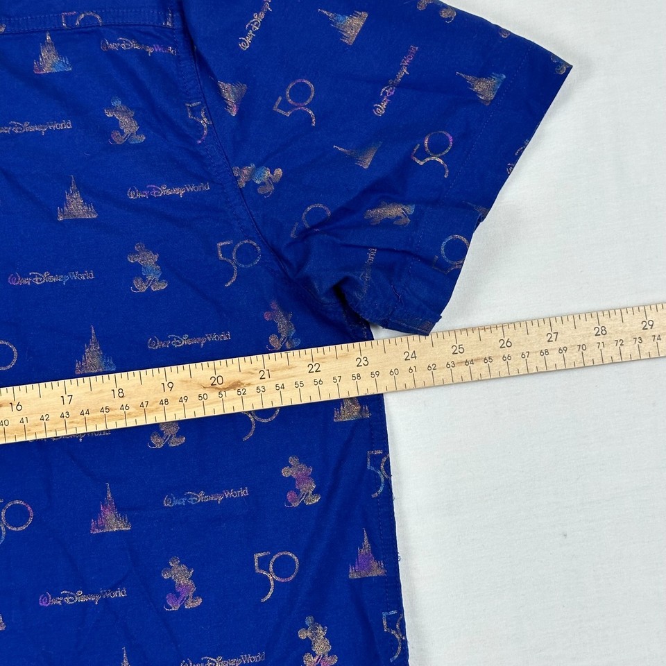Disney World 50th Anniversary Mens Shirt L Blue Sleeve Button all over