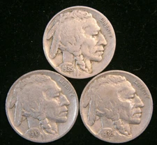 Lot of 3 Buffalo / Indian Head Nickel Coins with Full Dates, US Coins!