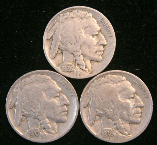Lot of 3 Buffalo / Indian Head Nickel Coins with Full Dates, US Coins!
