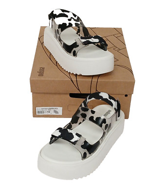 NEW  Melissa Womens COW PRINT  Brave Papete Platform Sandal WHT/CLEAR/BLK SZ:10
