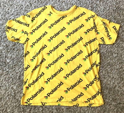 Polaroid T Shirt Mens Large Yellow All Over Print Logo Graphic Crew Short Sleeve
