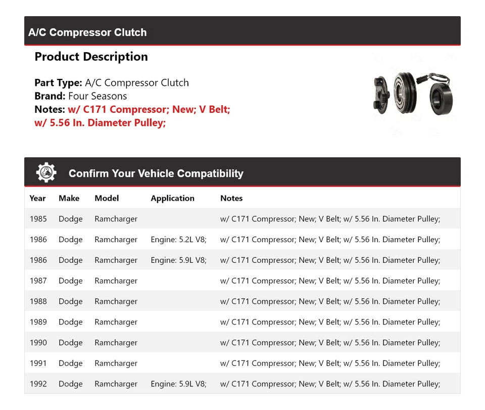 Embrague compresor aire acondicionado Dodge Ramcharger 1985-1992 4 estaciones 1986 1987 1988 Foto 2 de 4