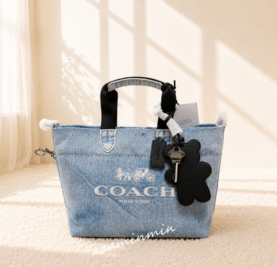 COACH Mini Tour Tote Bag Crossbody In Loved Denim Silver/Light