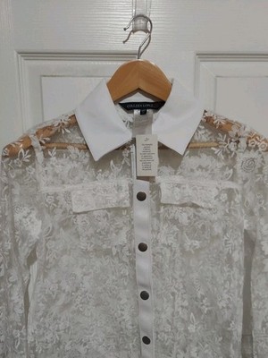 COLLEEN LOPEZ Women's White Lace Button Front Long Sleeve Blouse Sz XS F Leather