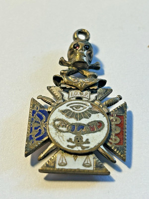 Antique Masonic Knights Templar Watch Fob / Pendant Gold Filled Enamel Skull