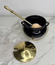 VINTAGE Cast Iron Fire Starter Cauldron Smudge Pot Brass Lid & Wand Fireplace