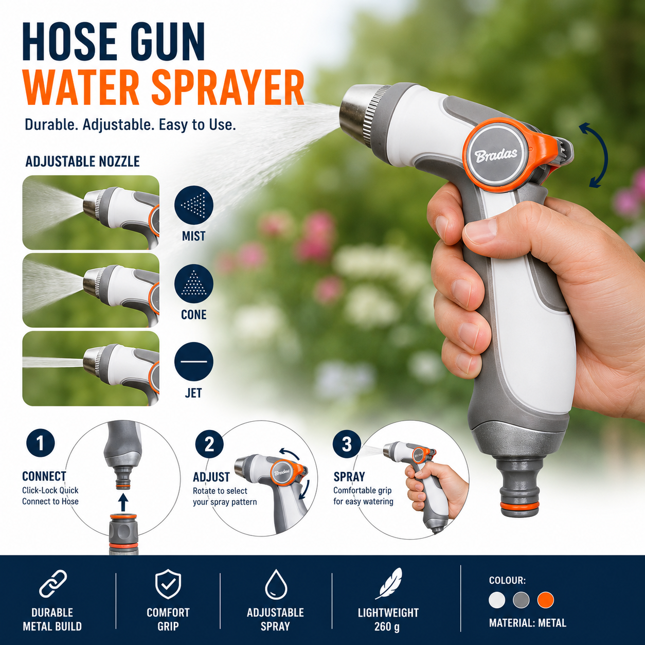 Hose Gun Water Sprayer Adjustable Metal Mist Cone Jet Nozzle for Garden Watering
