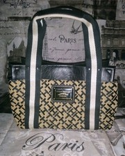TOMMY HILFIGER Negro/Tan Sig. Bolso de Mano Cartera de Lona con Logotipo Monograma ¡GENIAL!❤️