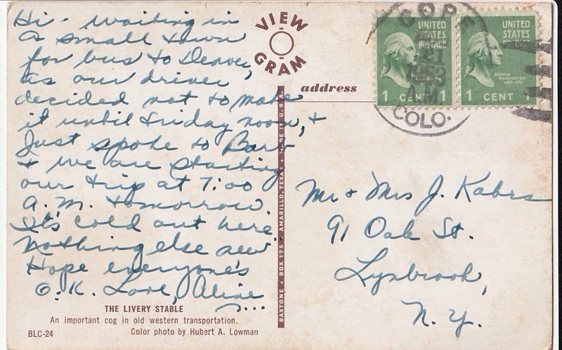 1953 Vintage Postcard The Livery Stable W/ Pair Of Washington 1c Stamps Colorado