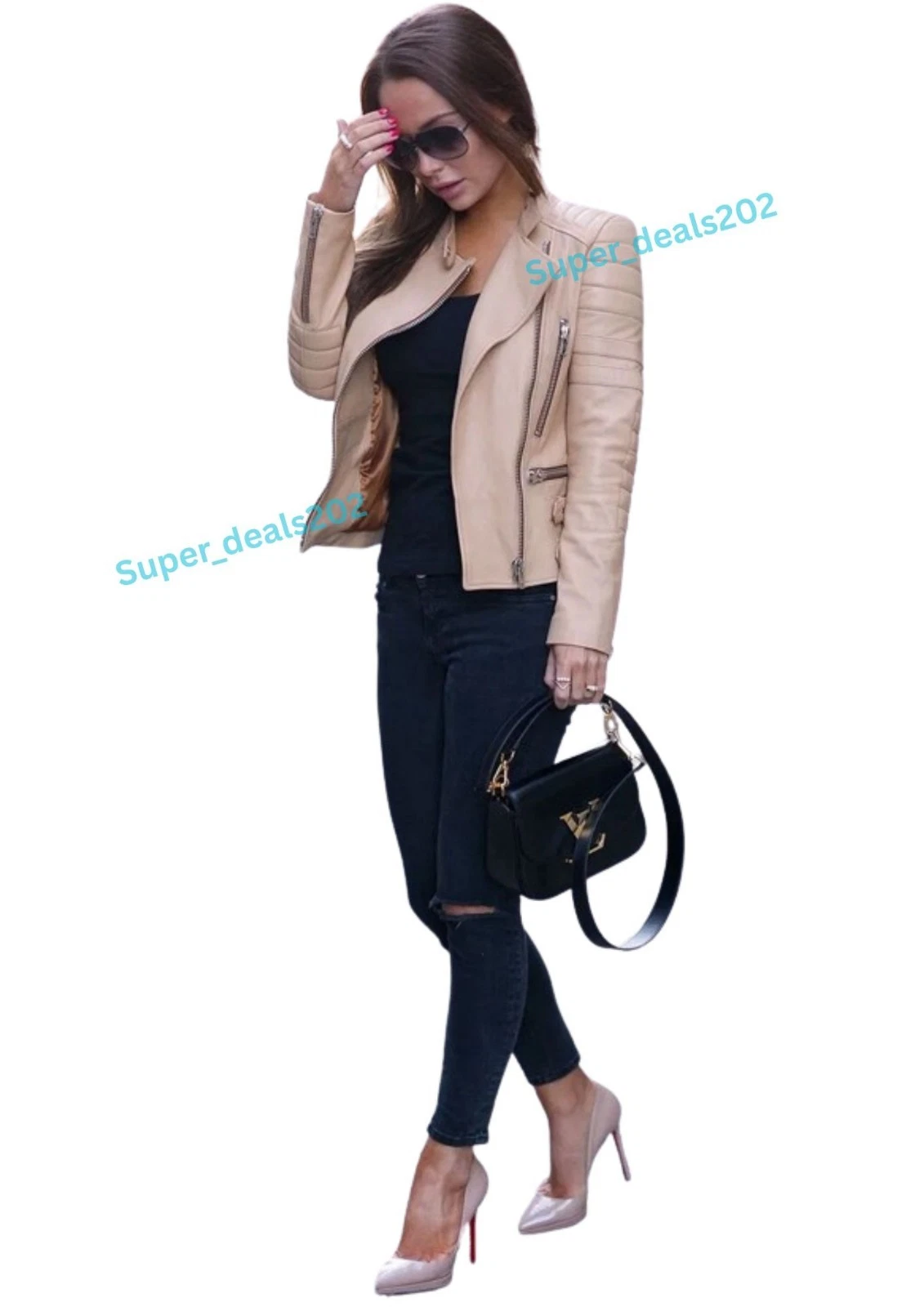 Womens Beige Lambskin Leather Motorcycle Biker Coat Handmade Quilted Casual Tops