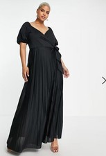 ASOS DESIGN Curve Pleated Puff Sleeve Wrap Front Maxi Dress  Black Plus Size 18