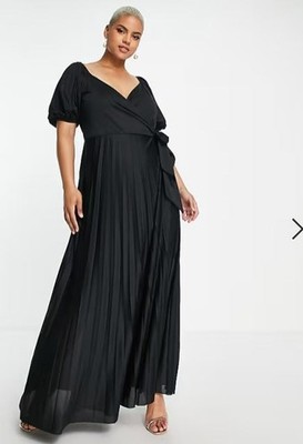 ASOS DESIGN Curve Pleated Puff Sleeve Wrap Front Maxi Dress  Black Plus Size 18