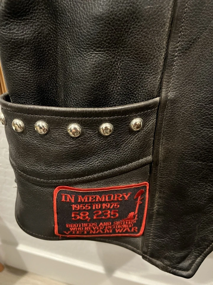 Vintage Harley Davidson Black Leather Motorcycle Vest Patches & Pins Vietnam - Image 3 of 4