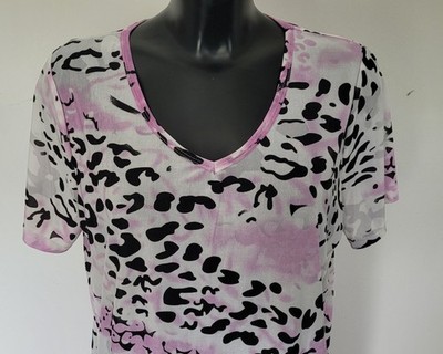 Damen Bluse-Shirt XL weiss-rosa animalprint Kurzarm von OKAY