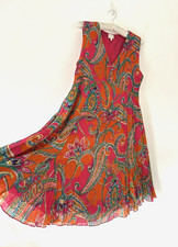 East Dress Crinkle Pleat Dip Hem Colourful Lined Floral Paisley Sleeveless UK 16