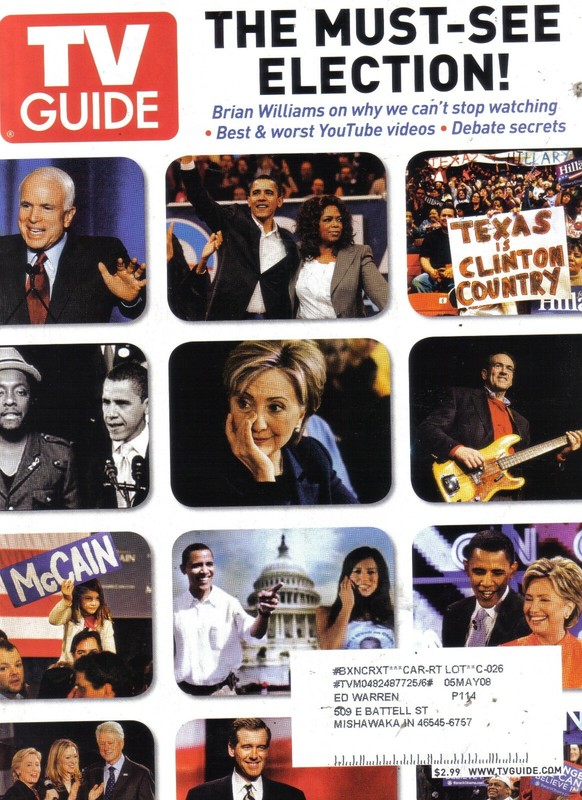 TV GUIDE MAGAZINE 3-3-08 ELECTION, HILLARY CLINTON, JOHN MCCAIN, BARACK OBAMA