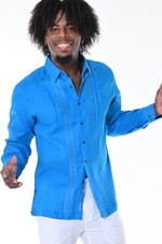 Bohio Mens Linen Fancy Guayabera Style Shirt for Men -Royal Embroidered -MLG1415