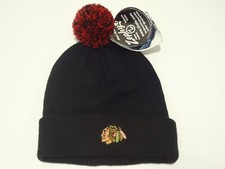 NHL Chicago Blackhawks LOGO Knit Beanie Hat Cuffed Pom Zephyr NEW NWOT Black