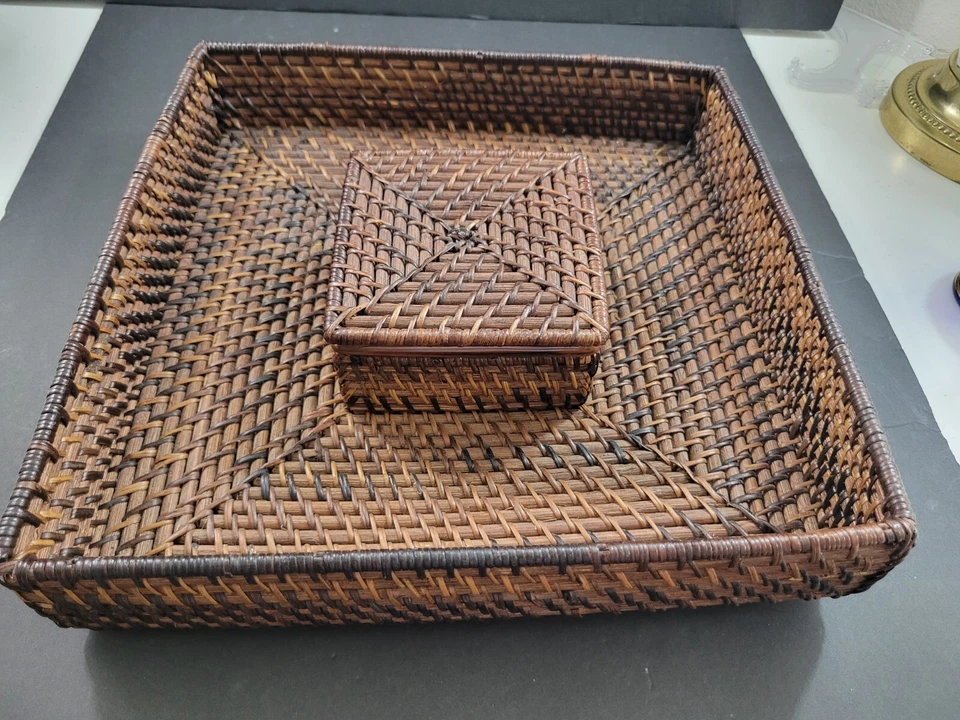 Crate & Barrel Brown Rattan Basketweave Chip & Dip Square Serving Tray 12x12x3" - Image 3 of 4