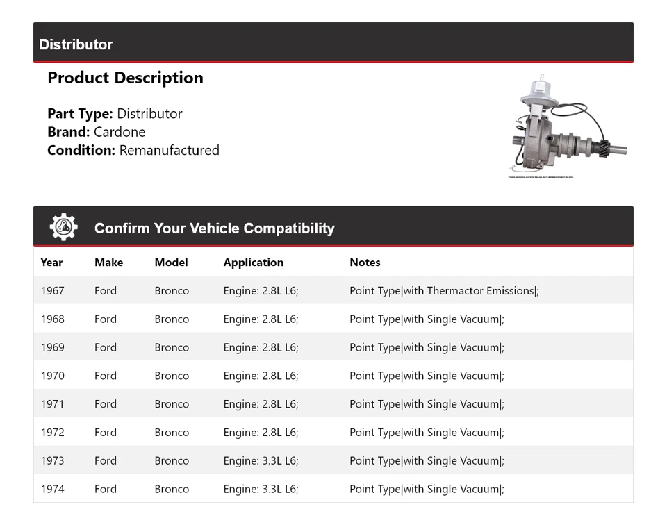 For 1967-1974 Ford Bronco Distributor Cardone 1968 1969 1970 1971 1972 1973 - Image 2 of 4