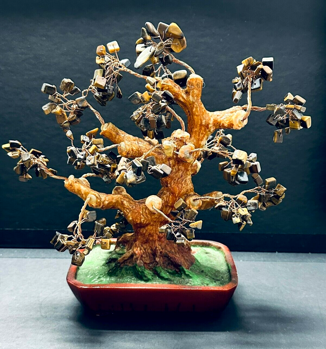 💕Vintage Twisted Copper Wire Bonsai Tyger Eyes Gemstone Tree Ceramic Pot  10