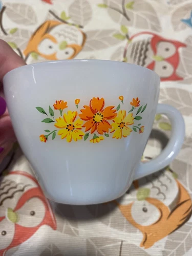 Vintage Anchor Hocking Fire King Milk Glass Floral Flower Tea Cup Orange Yellow
