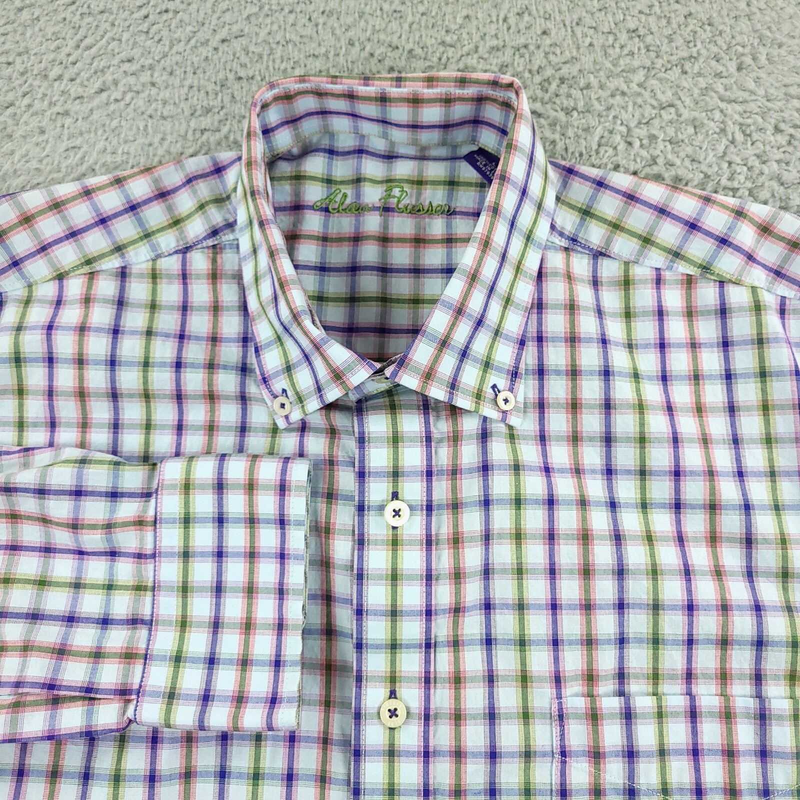 Alan Flusser Dress Shirt Mens Large Blue Plaid Business Office Casual Travel