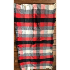Vintage Wool Blend Plaid Lap Blanket Throw 54" X 54" Red Black Gray Creme Fringe