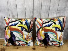 Set Of 2 Tropical Tapestry Pillows Tropical With Stitched Tucan. Roughly 16x16”