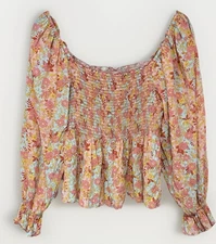 Sugar Fox Teal & Orange Boho Women’s Floral Babydoll Chic Blouse Longsleeve