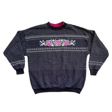 Vintage 90s Sz L Collared Granny Sweatshirt Floral Cottage Roses fair isle