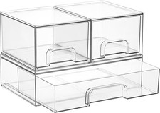 Stackable Storage Drawers Set of 3,Clear Plastic Organizer Bins Makeup Cosmetics
