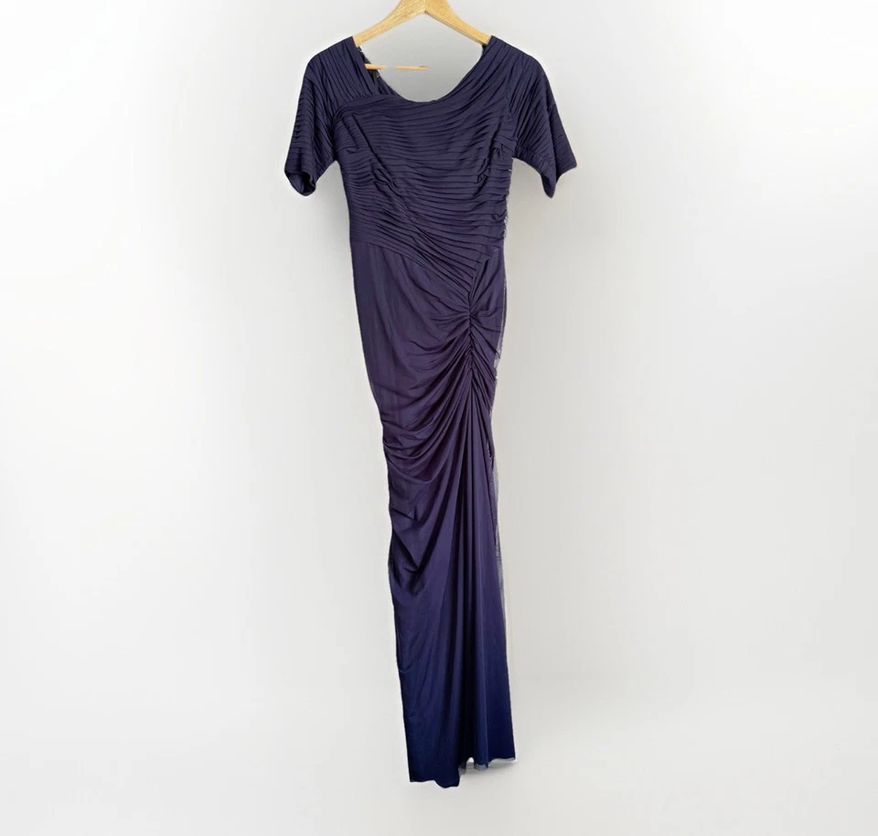 Tadashi Shoji Navy Blue Mesh Ruched Gown Small Maxi Dress Formal Cocktail - Image 3 of 4