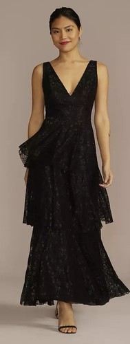 David Bridal DB Studio V-Ausschnitt Stufen Spitze Trägerkleid schwarz 10 lang formell NEU