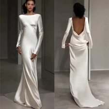 New Wedding Dress Sheath For Bride Silk Satin Full Sleeves Long-Open Back Custom