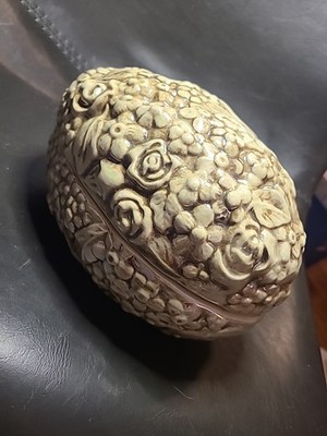 Vintage Decorated Large Ceramic Easter Egg Covered Dish Flowers 7 1/2  X 5 