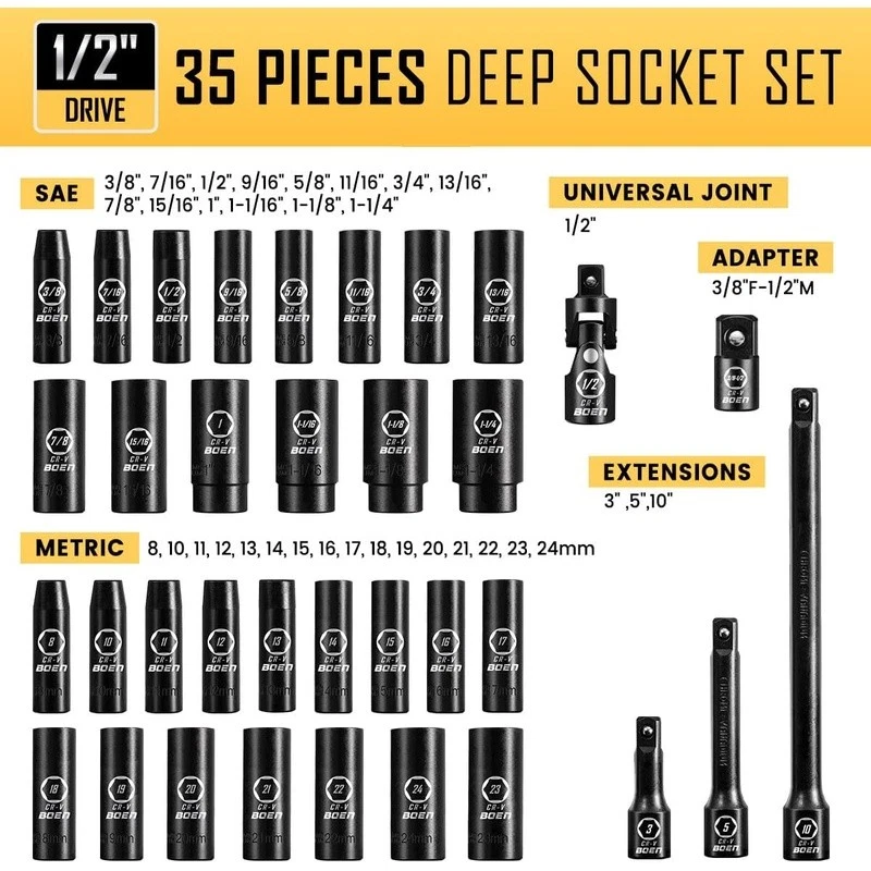 35pcs 1/2 Drive Impact Socket Set CRV Steel Deep Well Hex Tool Set Maintenance - Image 3 of 4