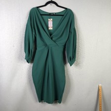 Boohoo Dress Womens 16 Emerald Off Shoulder Wrap Midi Tie Waist Balloon Sleeve